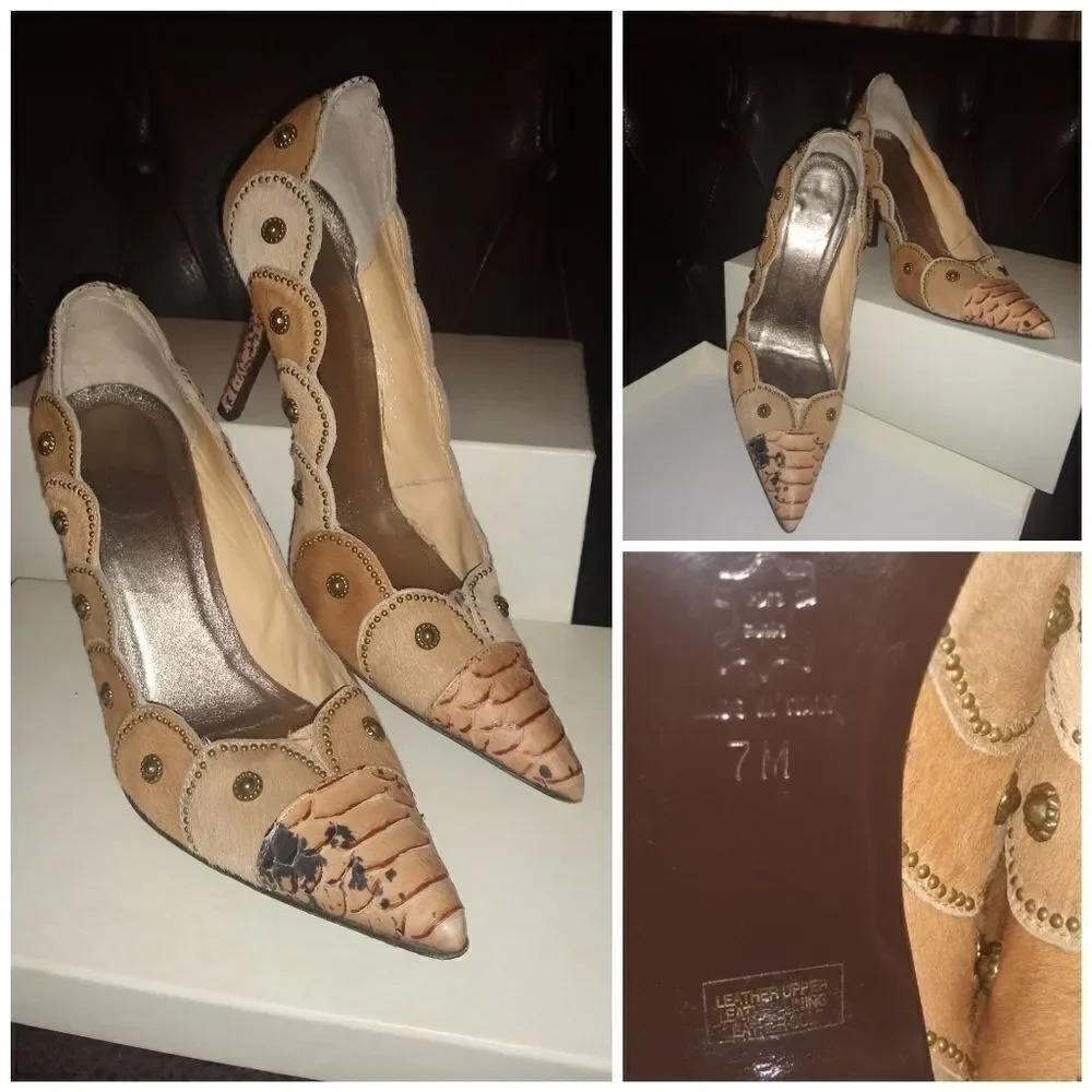 Isabella Fiore leather and fur studded snake heels size 7 - Picture 4 of 4